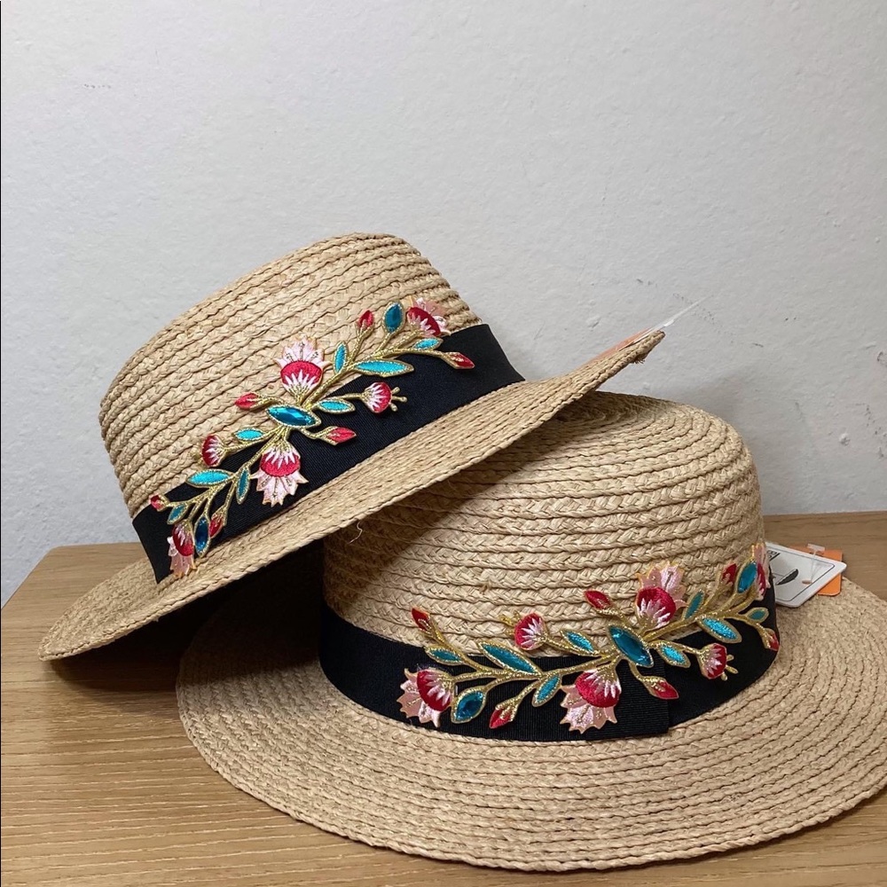Embroidered Straw Hat with Black Band Its One Hat Not 2